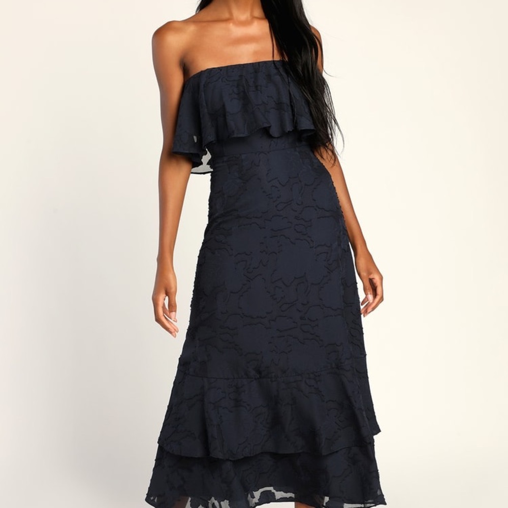 Lulus Love You So Truly Navy Blue Burnout Floral Strapless Midi Dress NWT Sz XL